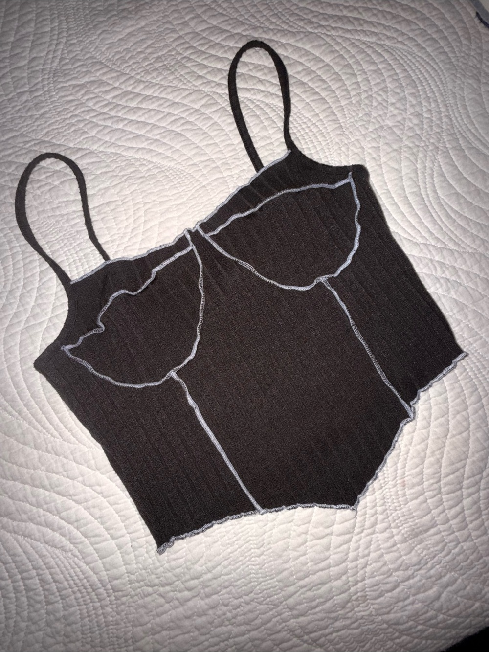 Black Ribbed Contrast-Stitch Camisole Tank